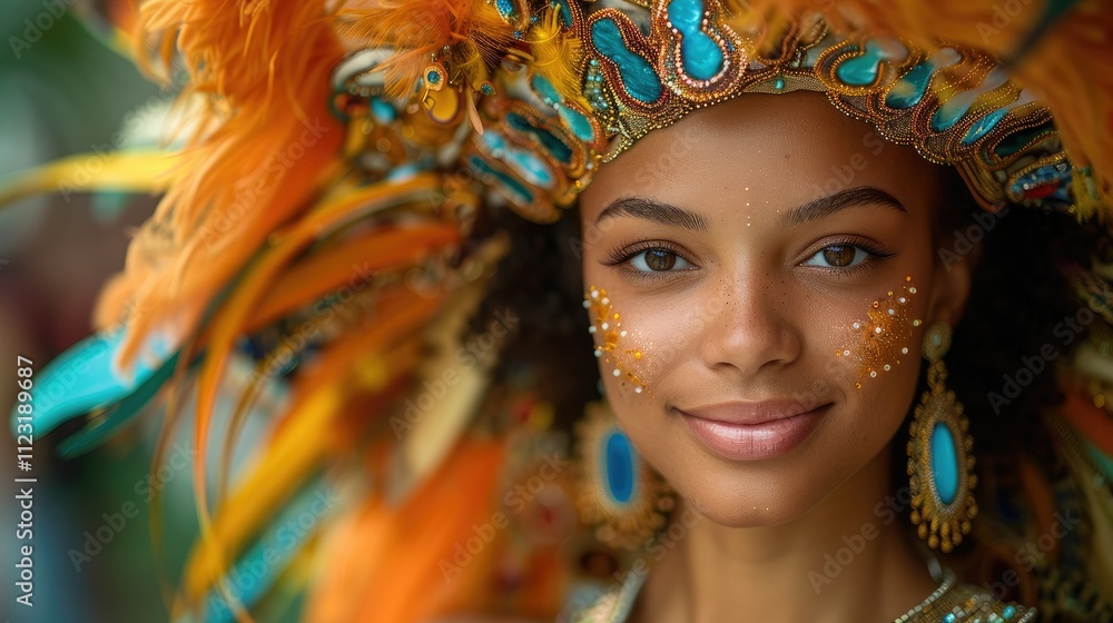 Obraz premium Close-up portrait of a smiling young woman wearing a vibrant headdress.