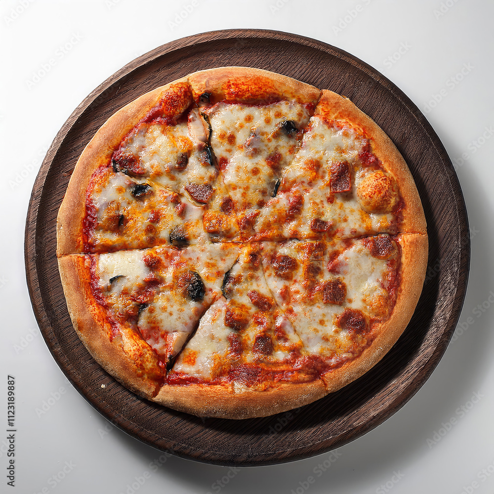 Delicious Cheezy Pizza on Black Wooden Plate Delicious Cheezy Pizza on Black Wooden Plate