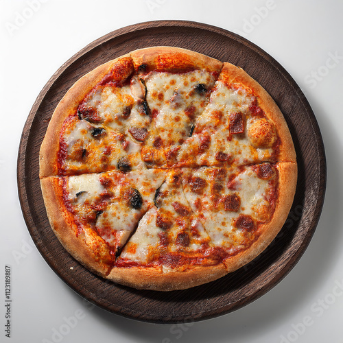 Delicious Cheezy Pizza on Black Wooden Plate photo