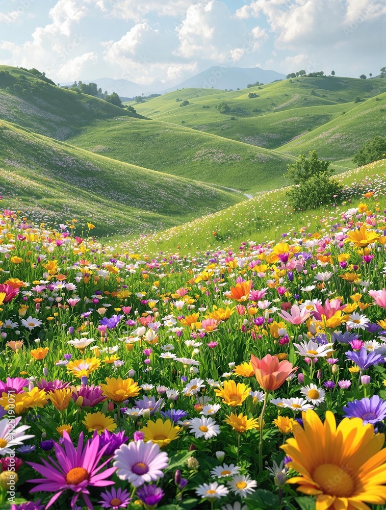 Obraz premium Beautiful wildflowers covering a vast green meadow, nature, beautiful, meadow, green