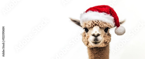 Alpaca wearing christmas santa hat white background banner, funny animal dressed xmas theme	
 photo