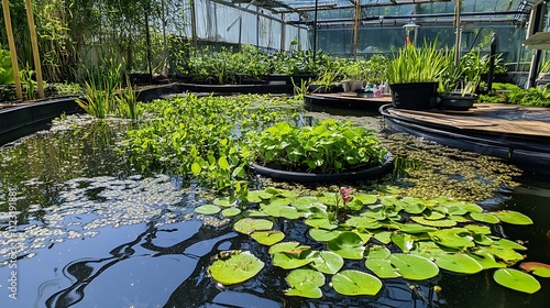 A vibrant freshwater ecosystem with diverse aquatic plants like hornwort and water milfoil, providing shelter for local wildlife photo