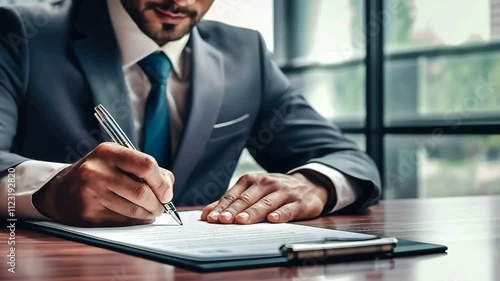 Suited businessman signs document, concentration etched in his sharp features. Pen in hand, he finalizes a significant agreement in a sleek office setting. photo