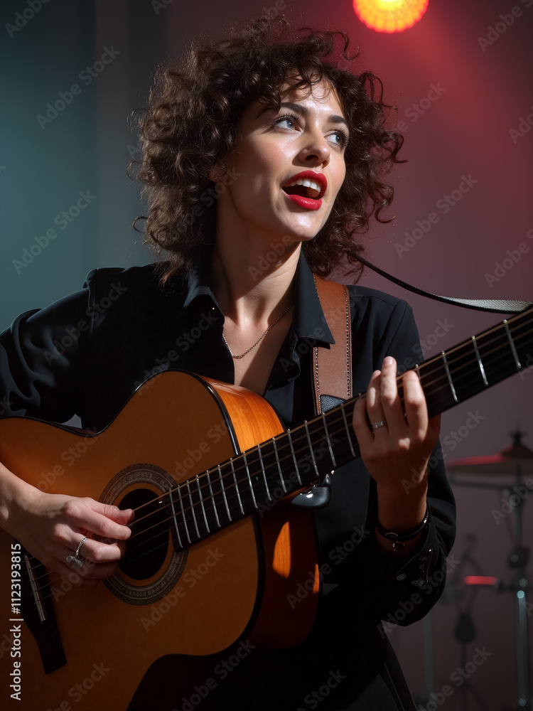 Obraz premium Musician performs passionately with guitar during live concert in intimate venue at night