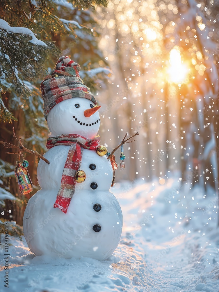 Obraz premium Cheerful Snowman Among Trees in Winter Forest at Sunset Glow