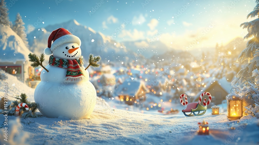 Fototapeta premium Charming Winter Scene with Snowman and Festive Decorations