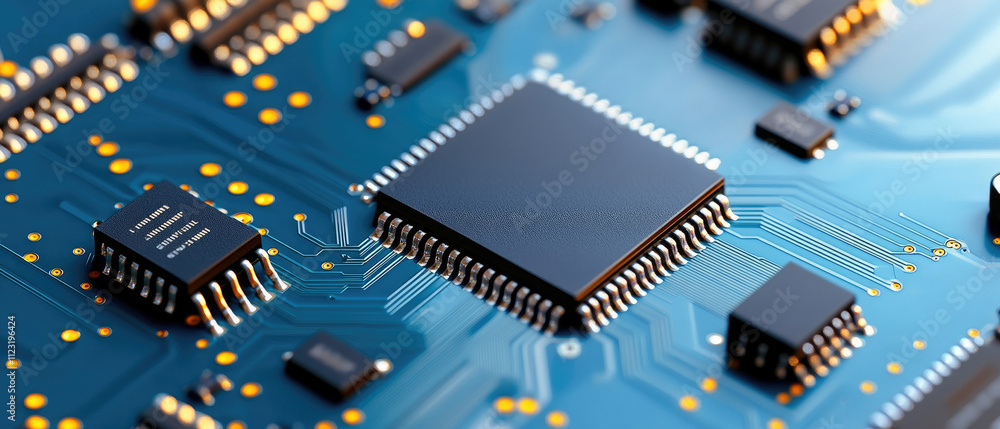 Blue digital circuit board, intricate components and wires, luminous glare enhancing details, high-tech aesthetic for modern settings Blue digital circuit board, intricate components and wires, luminous glare enhancing details, high-tech aesthetic for modern settings