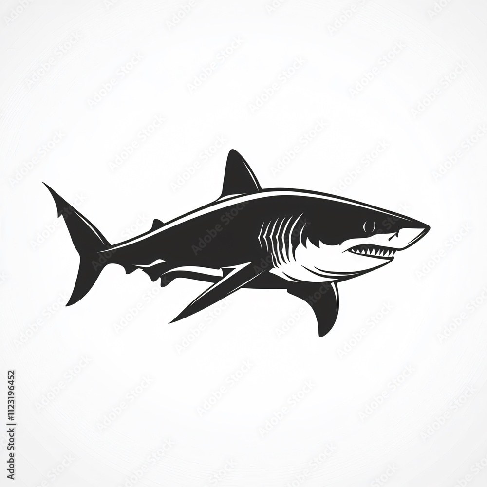 Obraz premium A stylized black and white illustration of a shark, showcasing its sleek body and sharp features in a minimalist design.