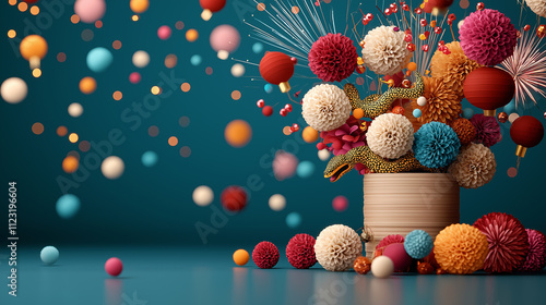 vibrant and abstract arrangement of colorful spheres, pom poms, and decorative elements in stylish pot, creating joyful and festive atmosphere photo