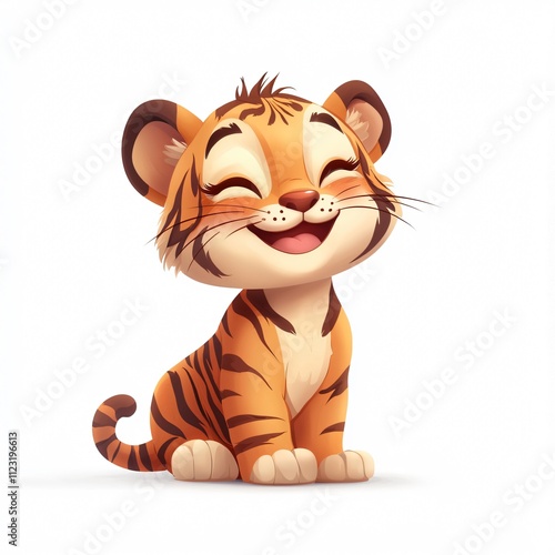 A cute, cartoonish tiger character with a big smile, exuding joy and playfulness, ideal for children's themes and designs. photo