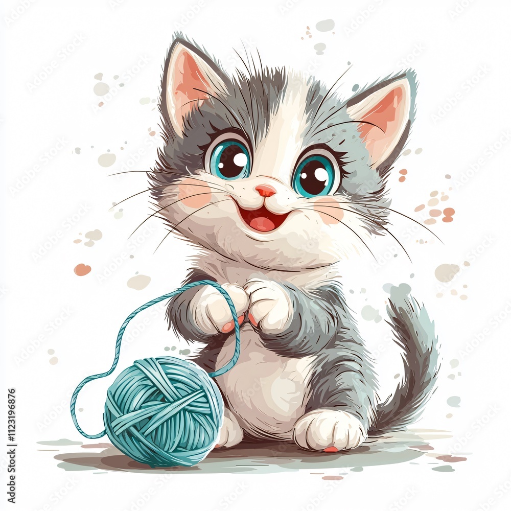Fototapeta A cute gray kitten joyfully plays with a ball of yarn, showcasing its playful and adorable demeanor in a vibrant, colorful illustration.