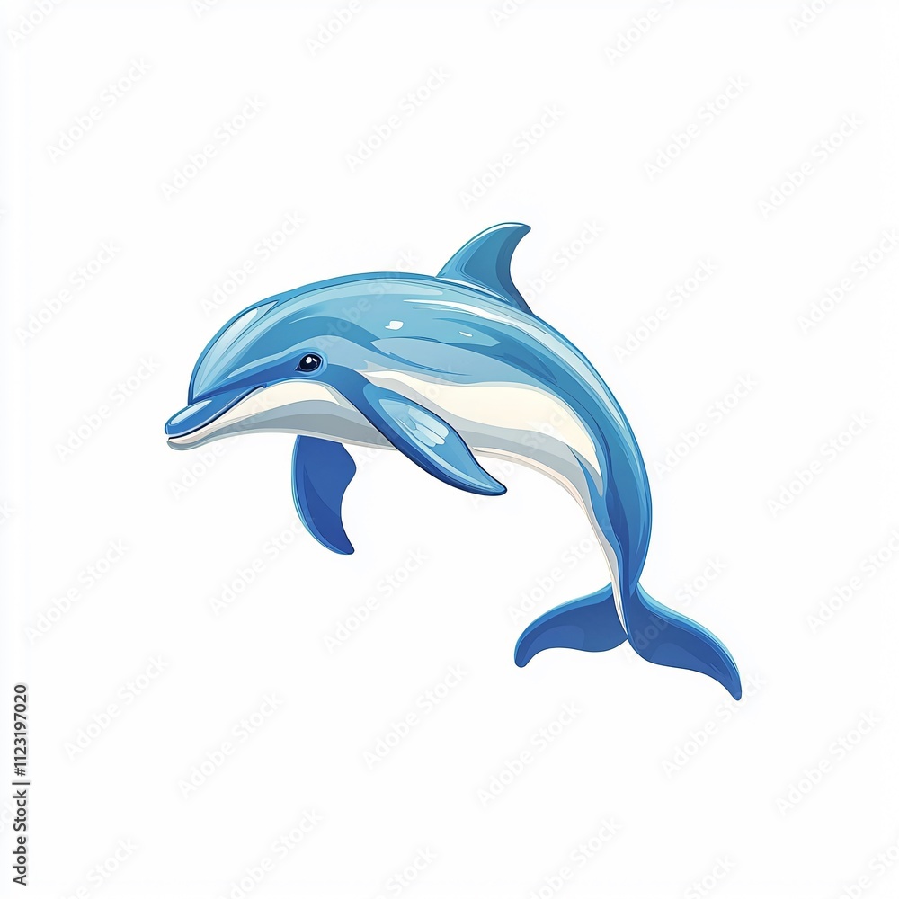 Obraz premium A vibrant illustration of a playful dolphin leaping gracefully, showcasing its sleek body and bright blue tones against a simple background.