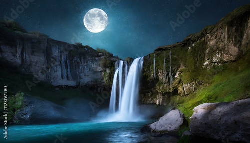 Beautiful waterfall under moonlight at night time photo