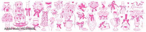 Romantic wedding doodle set, vector hand drawn coquettish anniversary illustration, bride bouquet. Italian marble flower vase, champagne tower, macaroon, wineglass bottle. Wedding doodle line design