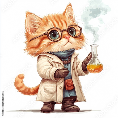 A cute, cartoonish orange cat wearing glasses and a lab coat, holding a flask with bubbling liquid, embodying a playful scientist theme.