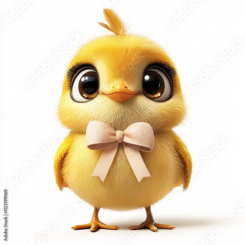 A cute, fluffy yellow chick with large eyes and a bow, exuding charm and playfulness.