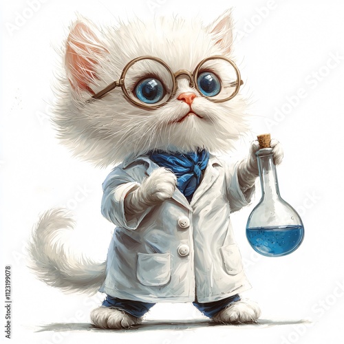 A fluffy white cat wearing glasses and a lab coat holds a blue potion in a flask, embodying a cute scientist vibe.