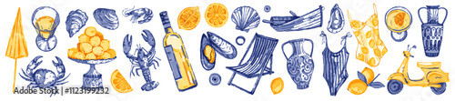 Summer vacation watercolor illustration set, vector hand drawn Italian coast sea print, beach lounge. Yellow lemonade citrus bottle, seafood picnic oyster, swimming suit, boat, shell. Summer vacation