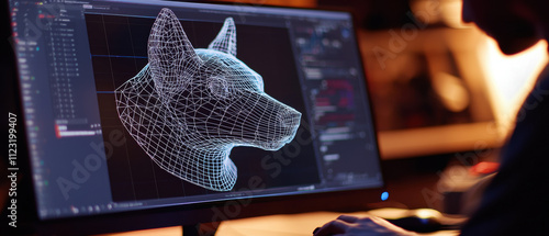 Close up view of 3D modeling software interface showcasing wireframe dog head, illustrating creativity and technical skill in design