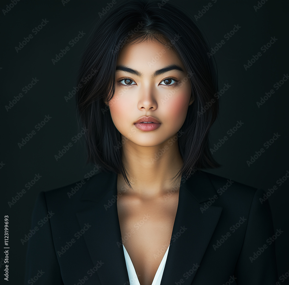 Headshot of a beautiful Asian woman in a business suit, against a dark gray background, facing forward and looking at the camera. Professional photography. Headshot of a beautiful Asian woman in a business suit, against a dark gray background, facing forward and looking at the camera. Professional photography.