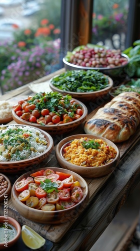 Delicious Azerbaijani Cuisine Traditional Food Buffet Fresh Ingredients Wooden Bowls