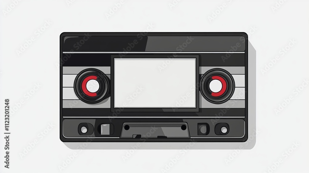 Obraz premium This retro-style illustration of a black and gray cassette tape captures nostalgia, characterized by its iconic shapes and lines, evoking memories of the past.