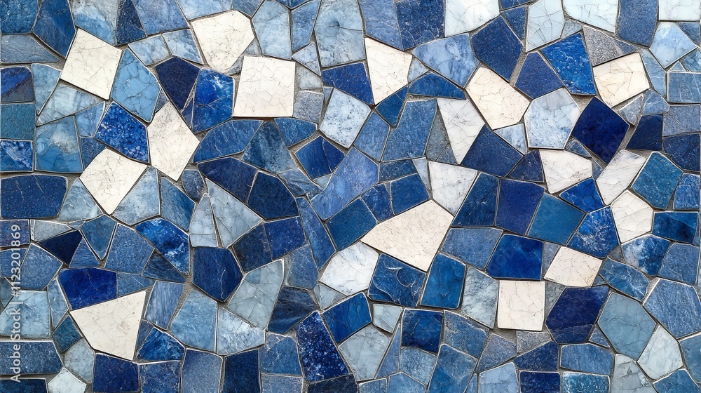 A mosaic comprised of various blue and white ceramic tiles expertly arranged into a beautiful pattern that adds an air of sophistication to any space. A mosaic comprised of various blue and white ceramic tiles expertly arranged into a beautiful pattern that adds an air of sophistication to any space.