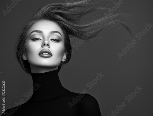 Black and white fashion art studio portrait of beautiful elegant woman in black turtleneck. Hair is collected in high beam. Elegant ballet style 