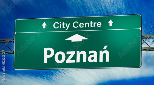 Road sign indicating direction to the city of Poznan, Poland