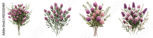 style prairie clover flower bush bouquet with pink and purple blooms surrounded by lush green foliage  Beautiful natural floral arrangement for rustic botanical and romantic designs
