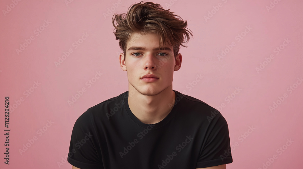 Fototapeta premium Young Man Posing in Black T-shirt Against Pink Background 