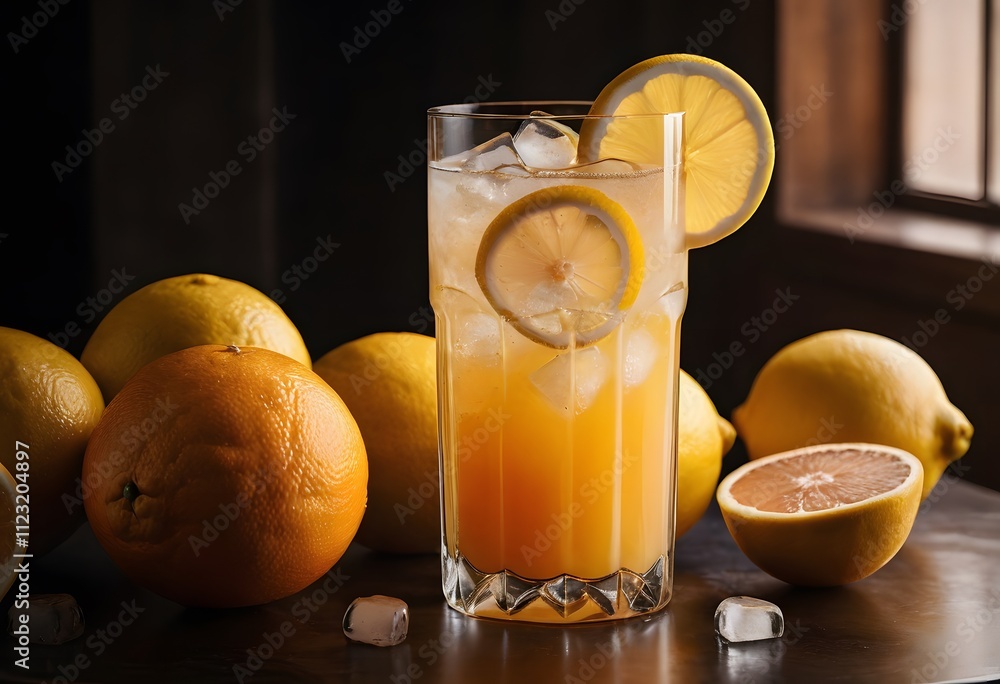 Fototapeta premium chilled lemonade with ice cubes and lemon slices, set on a table, ideal for a refreshing drink, ai.