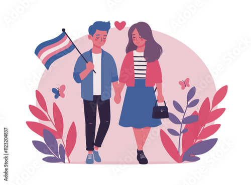 date with transgender guy, illustration couple in love, girl walking and guy holding hands, flat simple vector style, lgbt relationship
