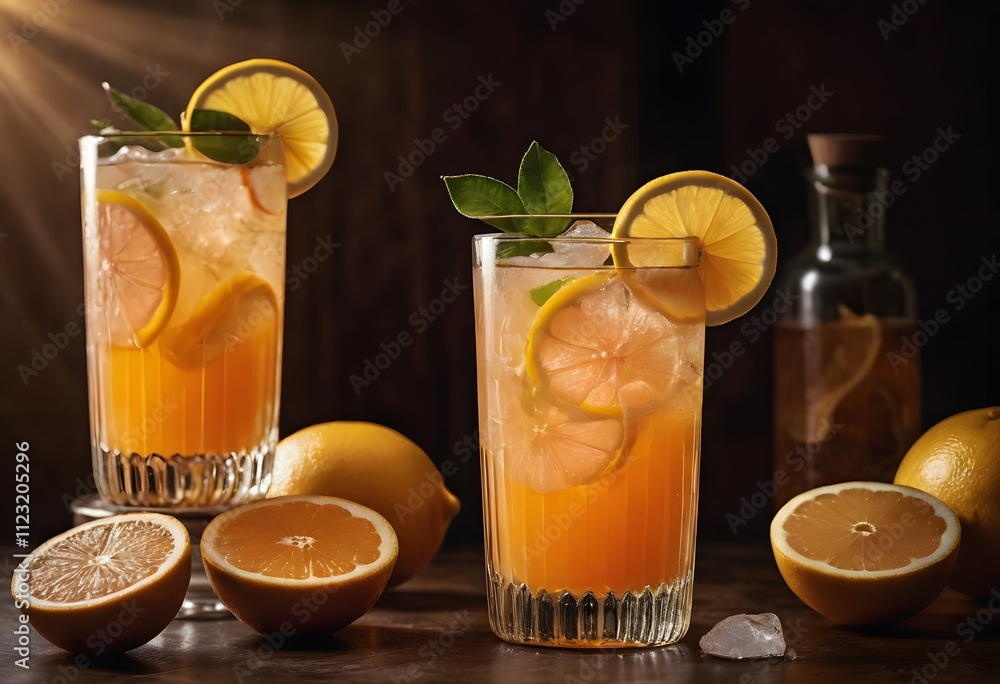 Fototapeta premium chilled lemonade with ice cubes and lemon slices, set on a table, ideal for a refreshing drink, ai.