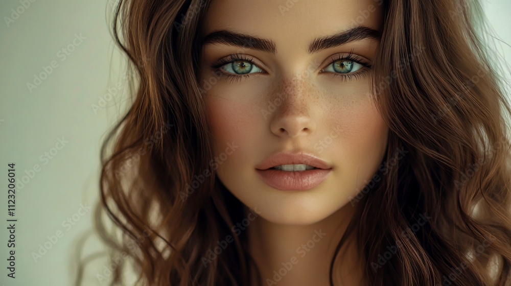 Professional portrait of a woman with full, wavy brunette hair and natural makeup, against a clean, neutral backdrop Professional portrait of a woman with full, wavy brunette hair and natural makeup, against a clean, neutral backdrop