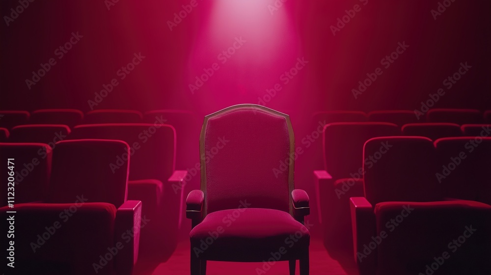 Obraz premium Empty movie theater with spotlight casting a solitary beam on the stage, symbolizing the power of imagination and the potential for new beginnings in a quiet, reflective space.