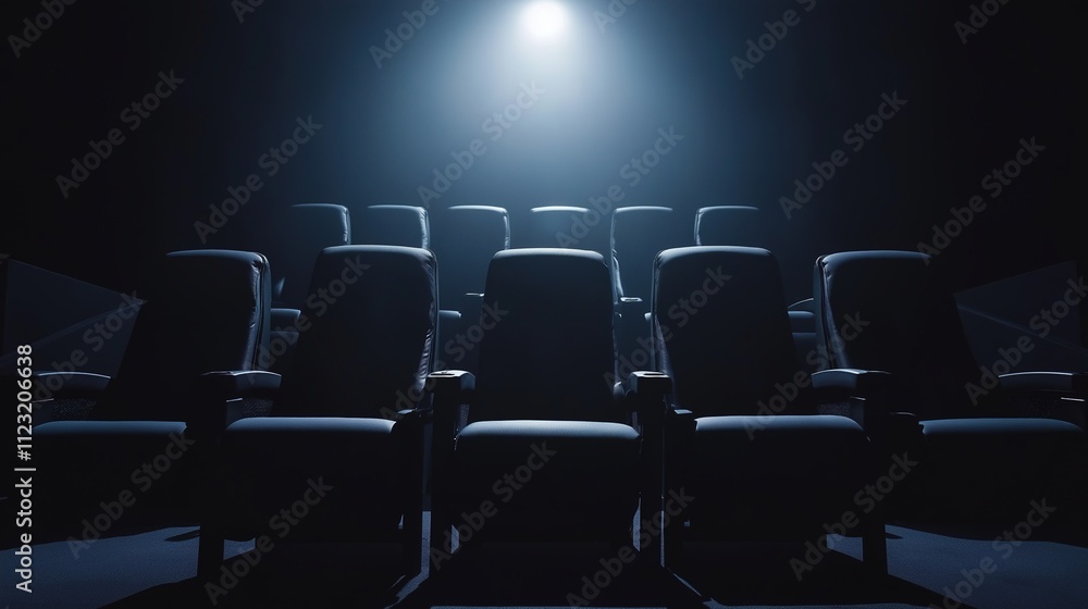 Fototapeta premium Empty movie theater with spotlight casting a solitary beam on the stage, symbolizing the power of imagination and the potential for new beginnings in a quiet, reflective space.