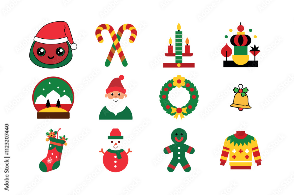 Naklejka premium Merry Christmas Colourfull Icon Set – Festive Snowman, Santa Claus, Snow Globe, Ornaments, Gingerbread Man, Holiday Sweater, and Seasonal Decorations in Flat Vector Style
