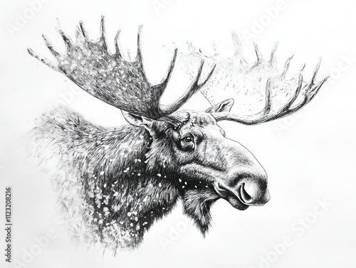 Detailed Black and White Sketch of a Majestic Moose With Antlers

 photo