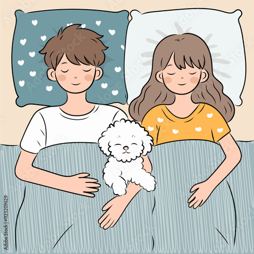Simple vector illustration. Comfortable night, girl and boy in bed sleeping sweetly, maltipoo dog sleeping at their feet, top view