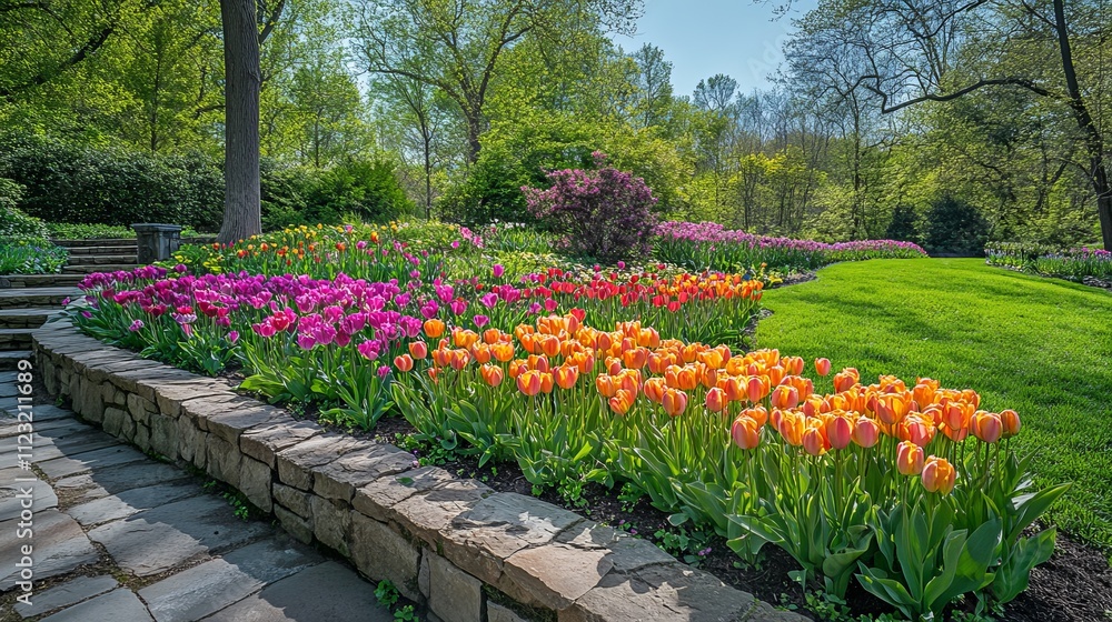 Fototapeta premium A vibrant and colorful tulip garden in full bloom, showcasing nature's beauty and variety, under clear blue skies, perfect for a cheerful spring day outing.