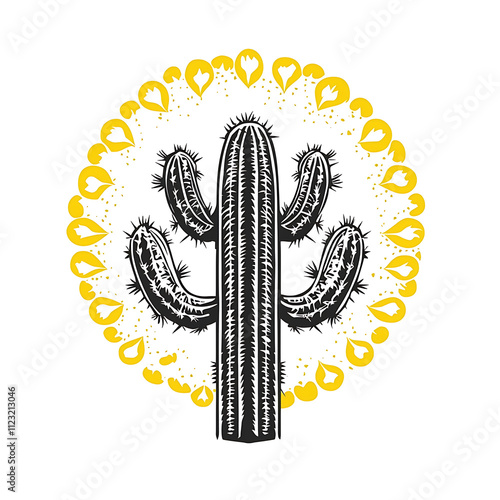 Cactus graphic design with yellow circular pattern and spines photo