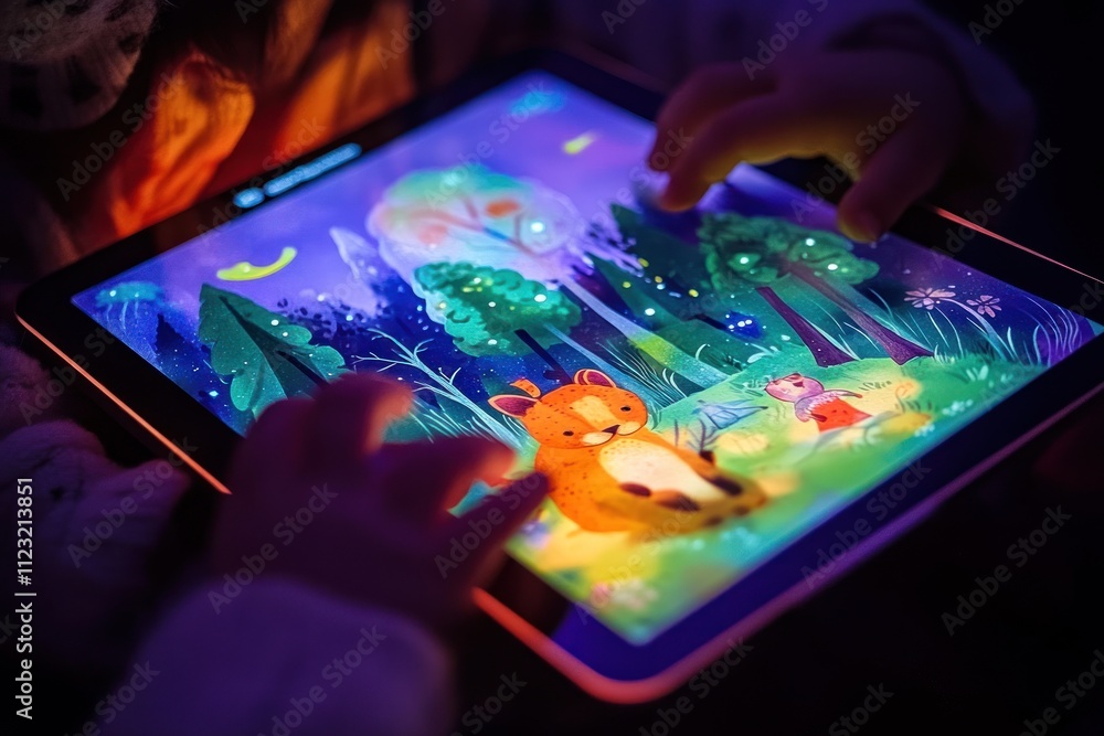 Fototapeta premium Child's hands using tablet showing nighttime forest illustration.