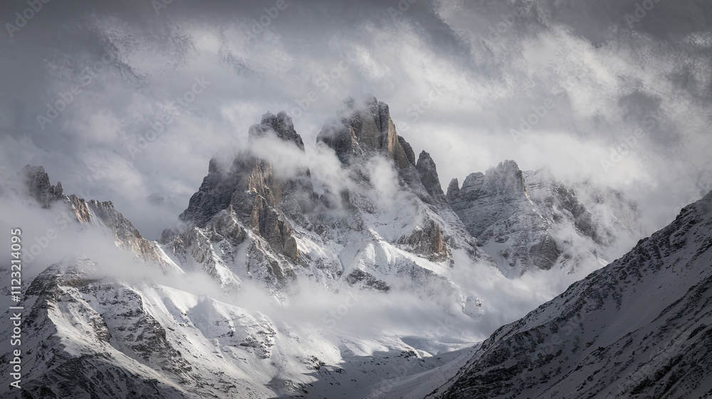 Obraz premium A breathtaking mountainous landscape with jagged snow-covered peaks shrouded in mist and clouds creating a serene ethereal atmosphere dominated by shades of white and gray with peaks 