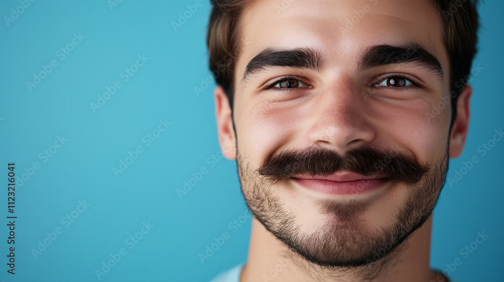 Obraz premium Happy Young Man with a Mustache on a Blue Background 