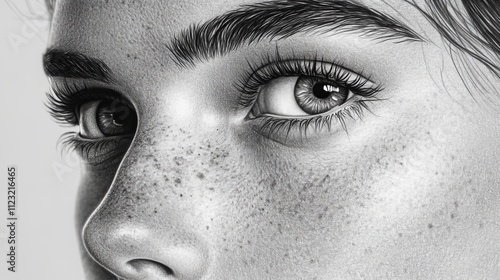 Detailed grayscale drawing capturing a freckled human face, focusing on the eye and texture, representing realism and depth in artistic illustration. photo