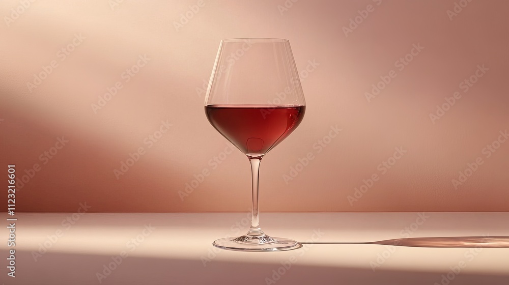 A wine glass filled with red wine, standing gracefully on a surface, casting a subtle shadow, representing elegance, relaxation, and tasteful leisure.