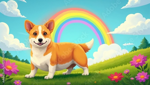 Cartoon corgi in a green meadow with rainbow, playfully doing Dog yoga pose photo