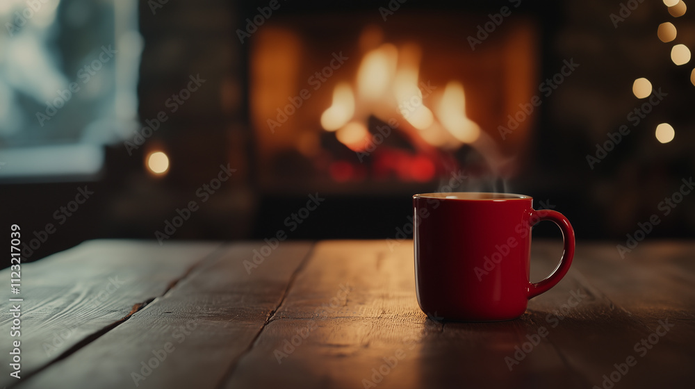 Fototapeta premium Winter Comfort: Red Coffee Cup and Fireplace in the Background 