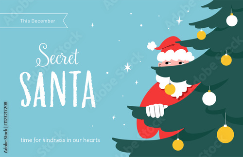 Secret Santa Surprise vector illustration. Jolly Santa sneaks a peek from a Christmas tree filled with golden and white baubles. Christmas tradition of gift giving